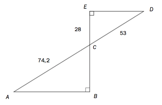 To trekanter, ABC og CDE, der c er fellespunkt, og er skjæringspunkt mellom linjene AD og BE. 